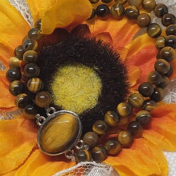 New, Stamped, Tiger's Eye Double Row Beaded Stretch Bracelet in Stainless Steel - Picture 3 of 9